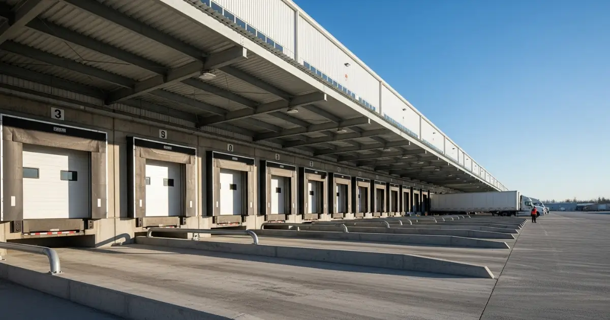 steel warehouse loading dock design with multiple dock doors and truck bays in Canadian industrial facility