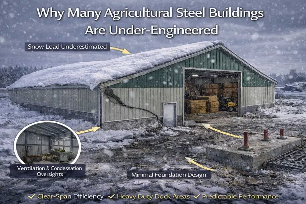Under-engineered agricultural steel building showing snow load stress, foundation limitations, and reduced structural redundancy in Canadian conditions