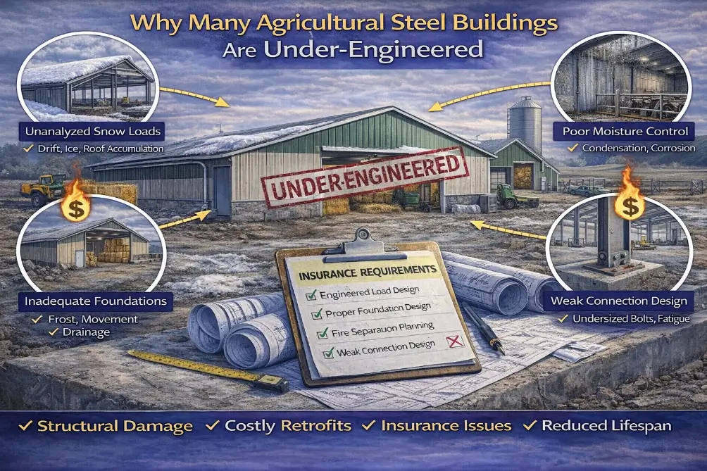 Under engineered agricultural steel building in Canada showing snow load damage, poor foundations, moisture issues, and weak structural connections