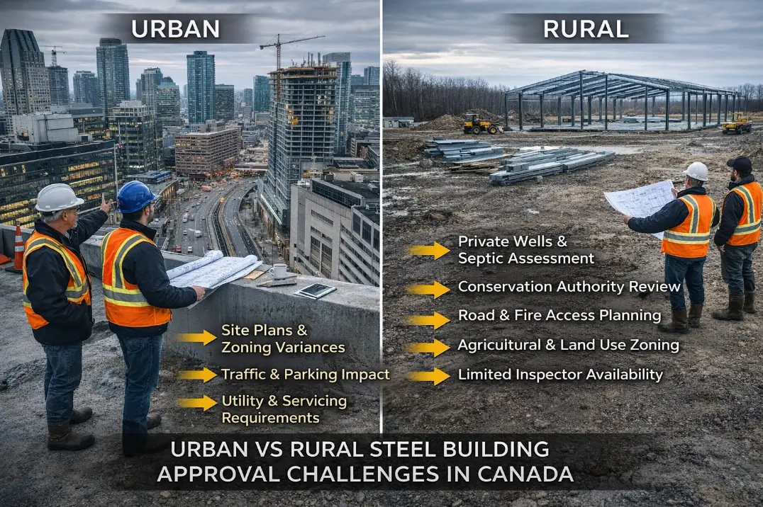 Front comparison infographic showing urban skyline construction planning and rural steel building site with engineers reviewing plans, Canadian permit approval differences visualization
