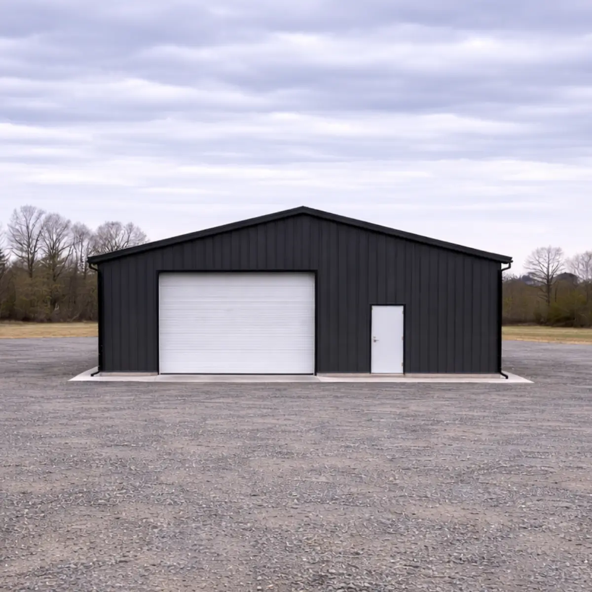 30x50x14 contractor steel workshop front elevation wide shot with charcoal siding, white overhead door, and man door.