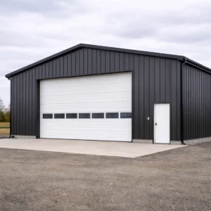 Front elevation of 30x50x16 professional steel shop showing wide clear-span opening and symmetrical gable roof design.