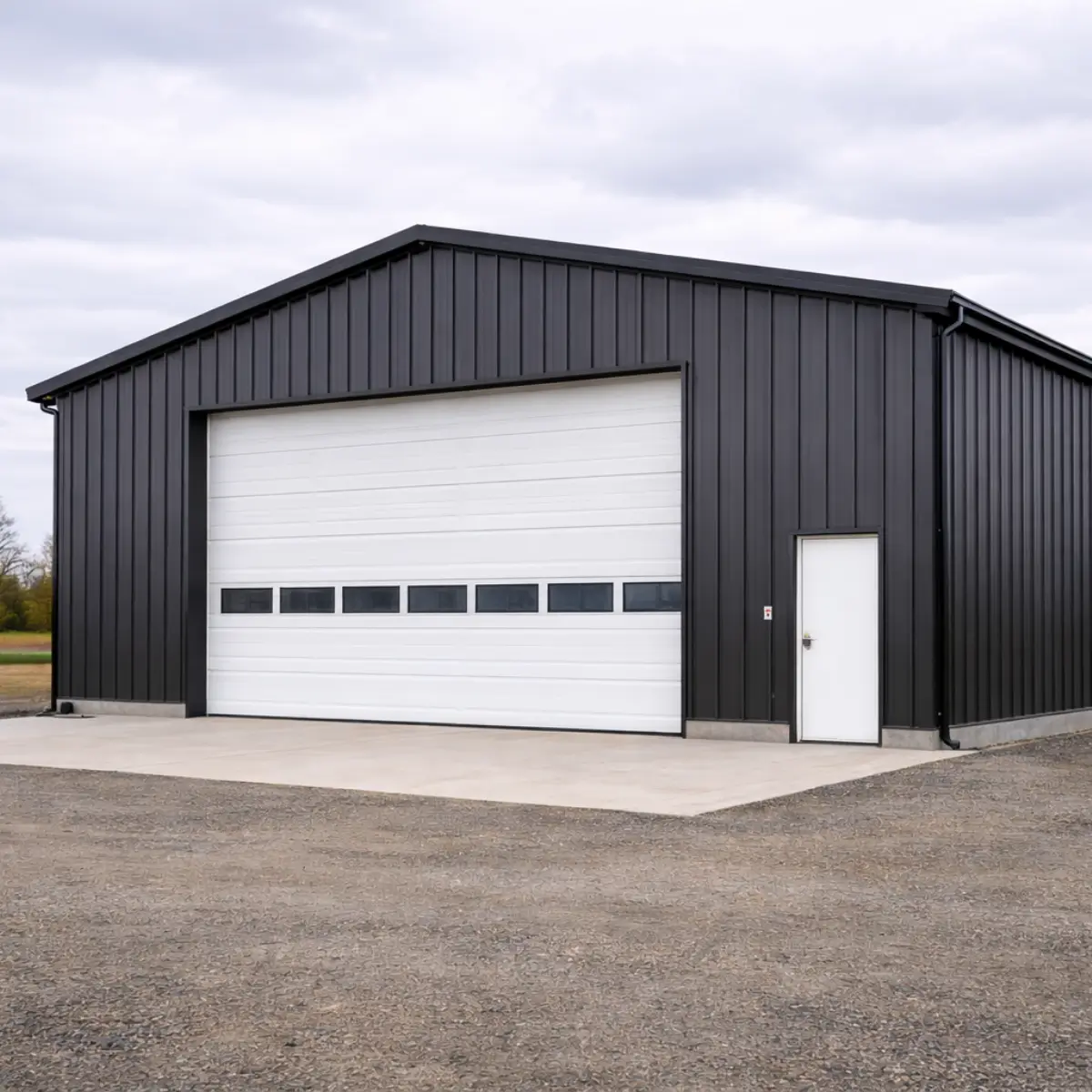 Front elevation of 30x50x16 professional steel shop showing wide clear-span opening and symmetrical gable roof design.