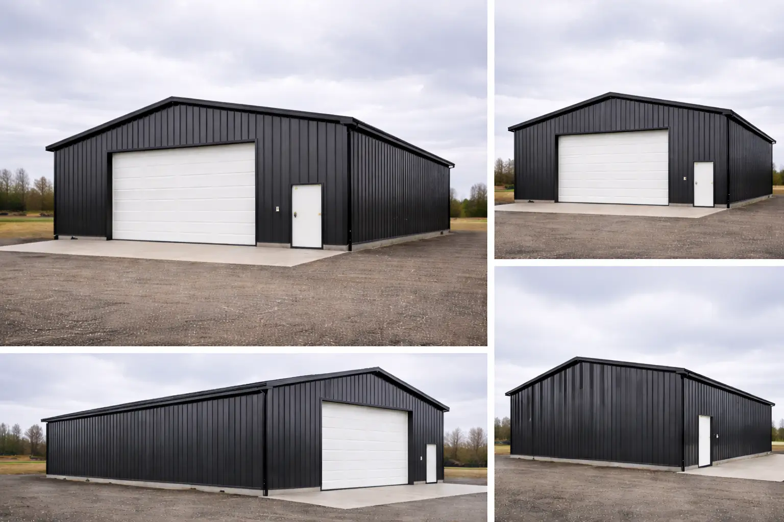 Side perspective of 30x50x16 steel shop building highlighting vertical ribbed wall panels and continuous exterior cladding system.