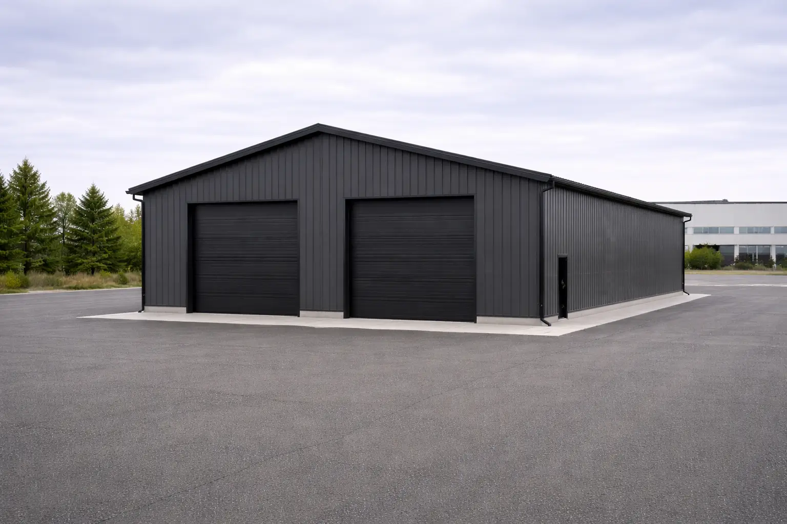 30x60x16 clear span commercial steel workshop front elevation with dual overhead garage doors and dark charcoal vertical metal siding.