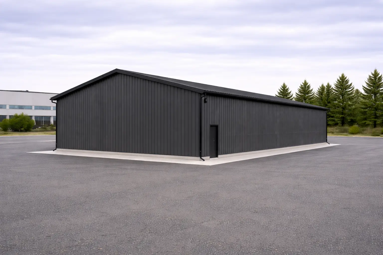 30x60x16 clear span commercial steel workshop side perspective showing long wall structure and vertical metal siding panels.