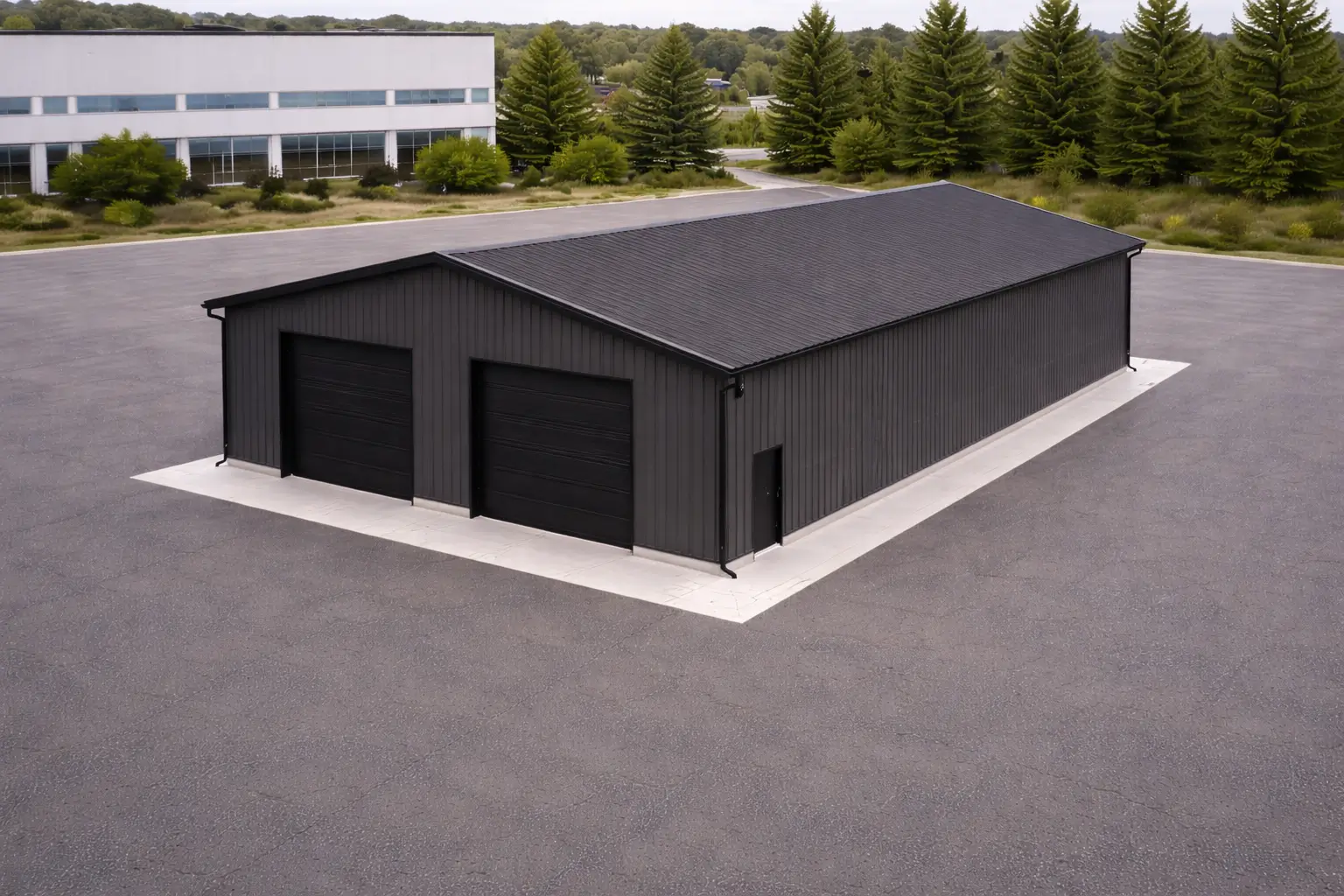 rear side perspective of 30x60x16 clear span commercial steel workshop with vertical metal siding and gable roof.