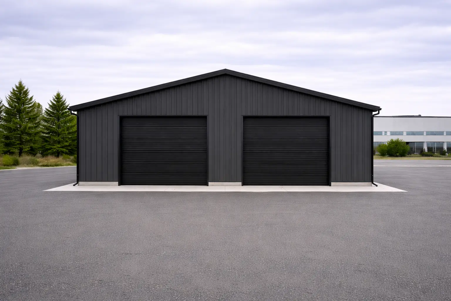 aerial perspective of 30x60x16 clear span commercial steel workshop with two overhead doors and concrete slab foundation.
