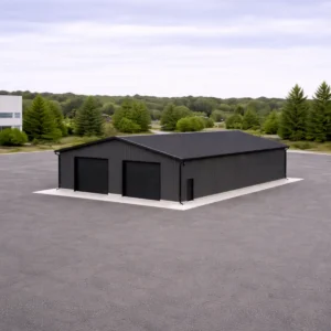 wide aerial view of 30x60x16 clear span commercial workshop building with dual overhead doors and steel gable roof.