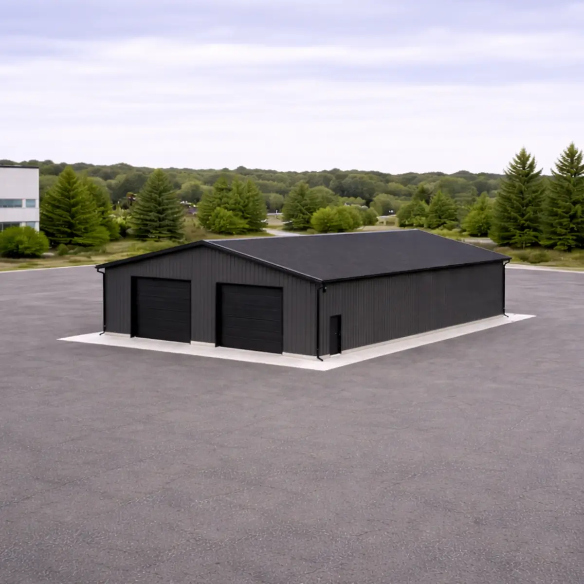 wide aerial view of 30x60x16 clear span commercial workshop building with dual overhead doors and steel gable roof.