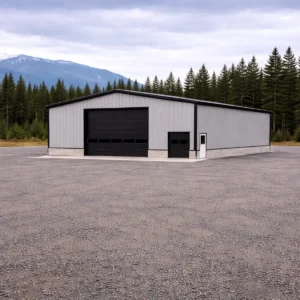 40x50x20 industrial fabrication workshop front 3/4 view with light grey siding, black doors, and concrete foundation.