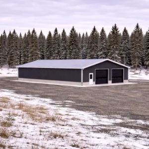 wide site view of 40x60x18 heavy duty industrial steel workshop building in winter landscape.