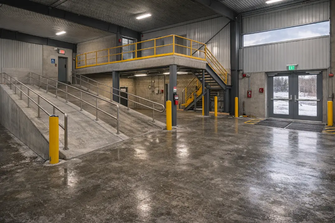 Commercial steel building construction site showing structural frame erection and project engineers reviewing drawings during large industrial building development.