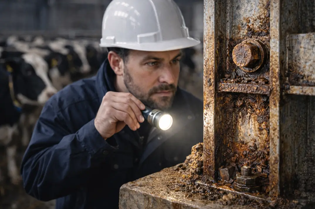 engineer inspecting ammonia corrosion on steel fastener inside livestock barn
