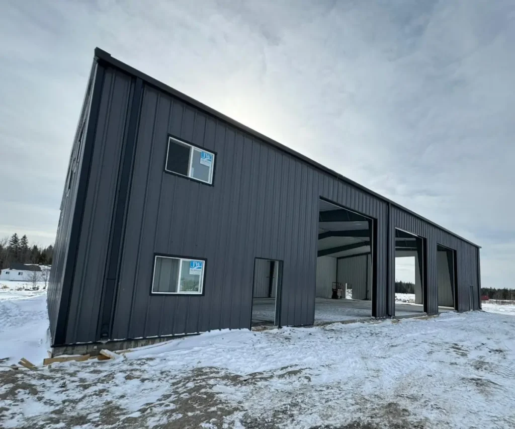 Dark grey commercial steel building in Ontario
