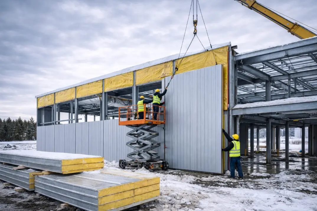 construction workers installing insulated wall panels on commercial steel building frame during winter construction in Canada