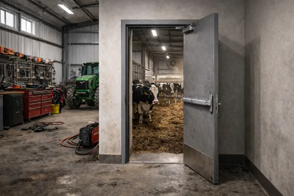 fire separation wall and steel door between livestock barn and workshop in farm building
