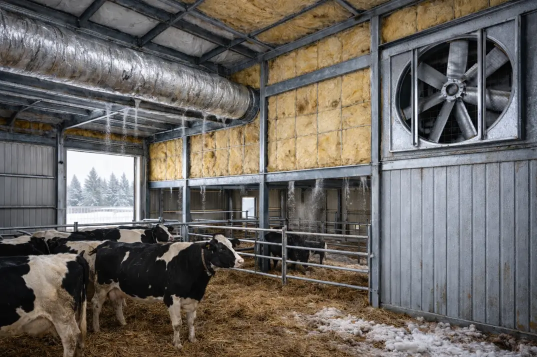 installation of insulated steel panels on agricultural steel building in cold climate construction.