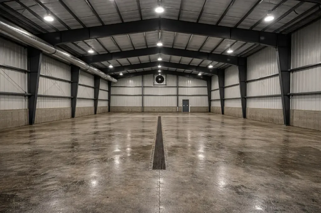 Long-span steel building interior with clear span rigid frame structure and no interior columns in Canada