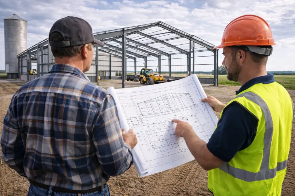 farmer and engineer reviewing plans for agricultural steel building construction