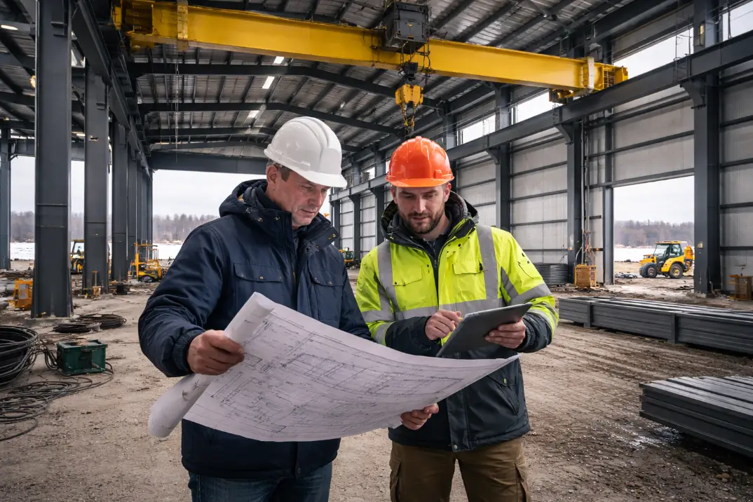 engineers reviewing plans inside specialized steel structure with overhead crane beam