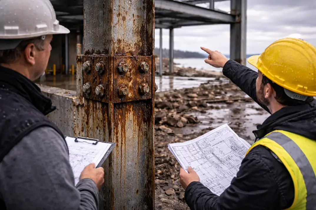 engineers inspecting corroded steel column at coastal construction site showing corrosion damage from moisture and salt exposure.