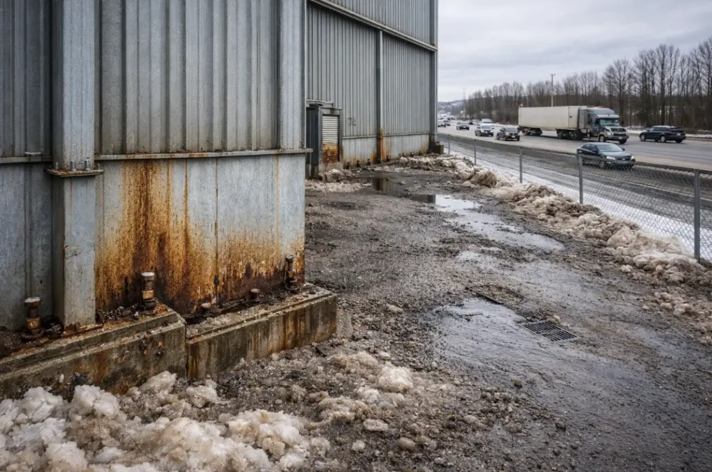steel building corrosion near road salt exposure base plate rust winter industrial structure