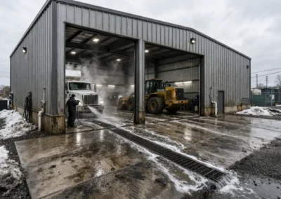 Steel building equipment wash facility in Canada with trench drain system and heavy equipment wash bay
