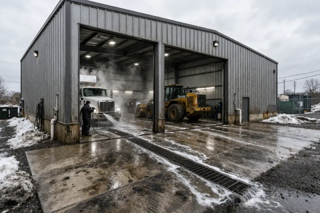 Steel building equipment wash facility in Canada with trench drain system and heavy equipment wash bay