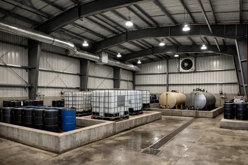 Steel building hazardous material storage facility with containment berms, tanks, and drainage system in Canada