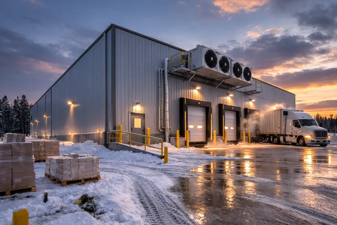 Architectural visualization of large prefabricated steel cold storage building with vertical ribbed metal siding and loading docks operating in snowy Canadian industrial environment