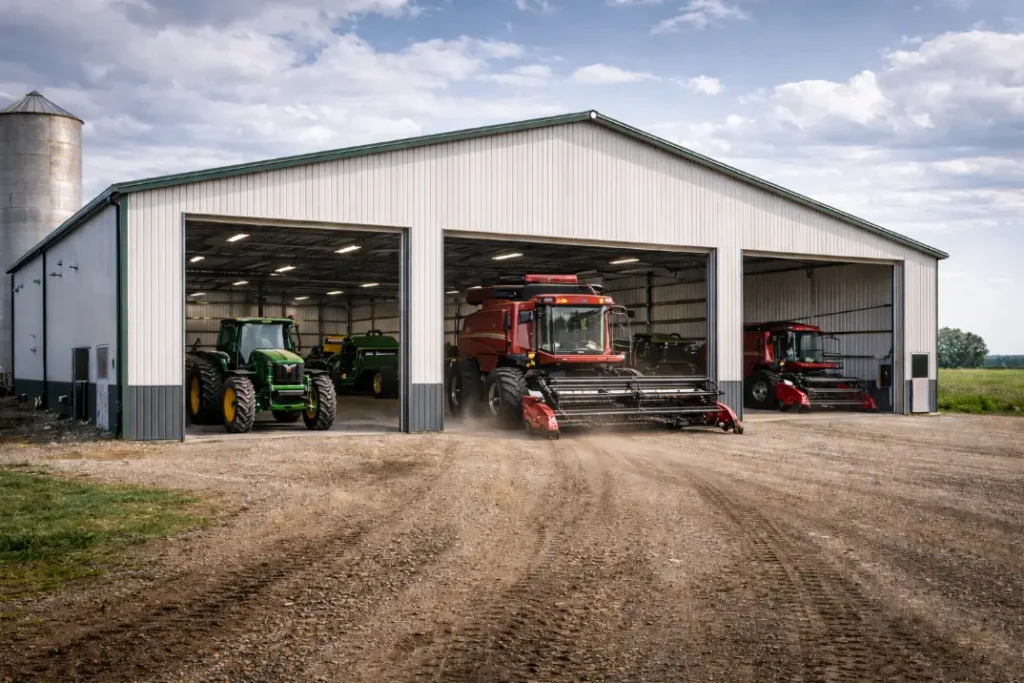 steel farm equipment storage building with tractors and combine harvesters