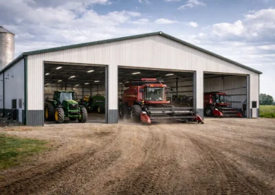 steel farm equipment storage building with tractors and combine harvesters