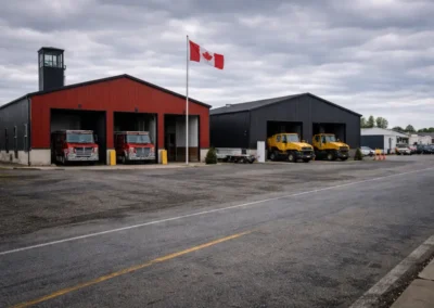 Steel fire station and public works building in Canada with apparatus bays and municipal fleet vehicles