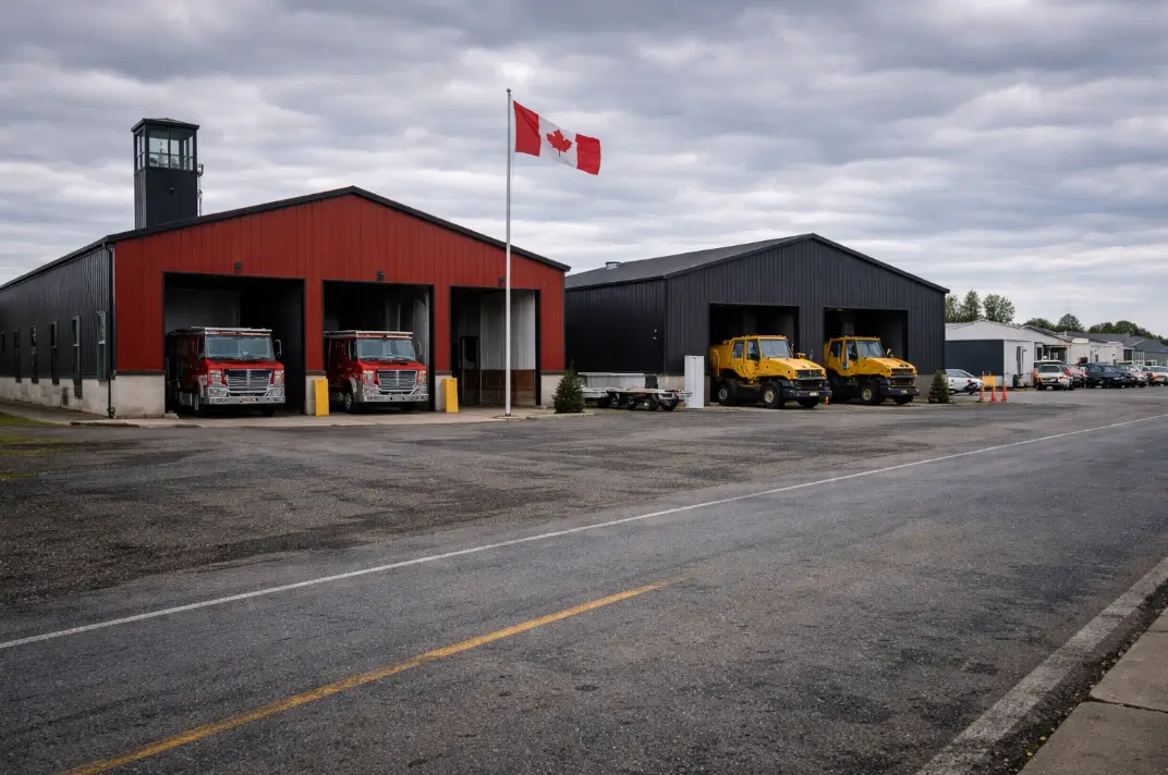 Steel fire station and public works building in Canada with apparatus bays and municipal fleet vehicles
