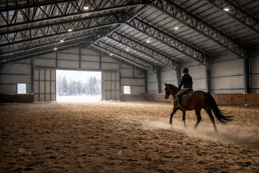 indoor steel riding arena clear span structure with horse riding in winter