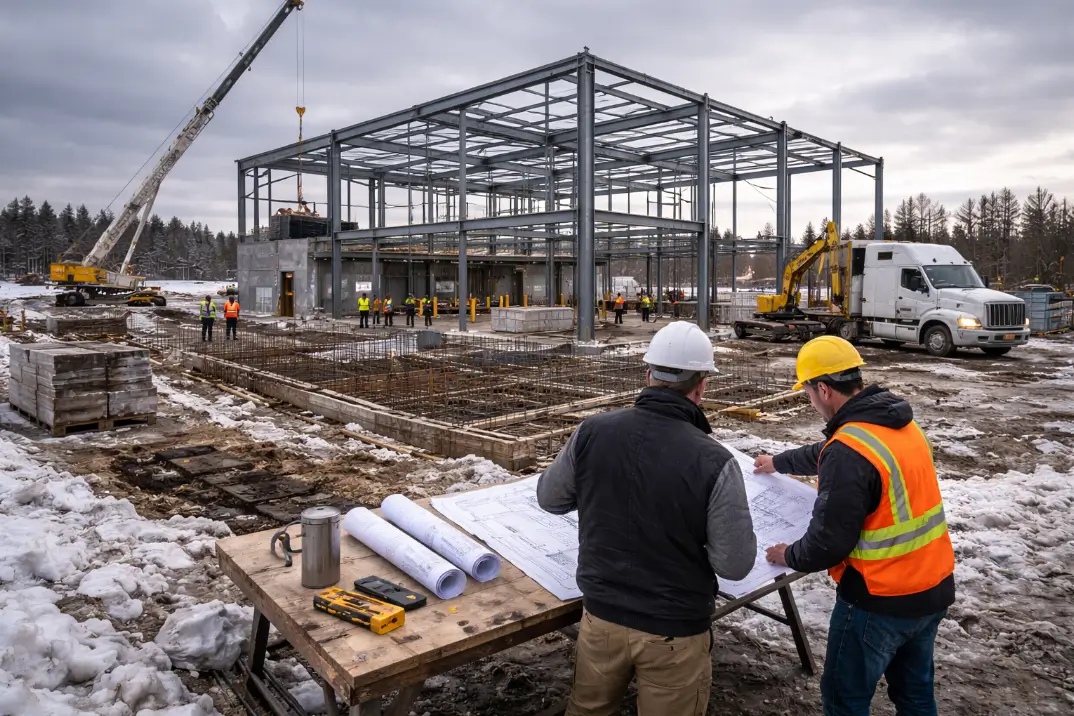 Steel building construction site showing structural frame erection and foundation coordination during winter commercial project development.