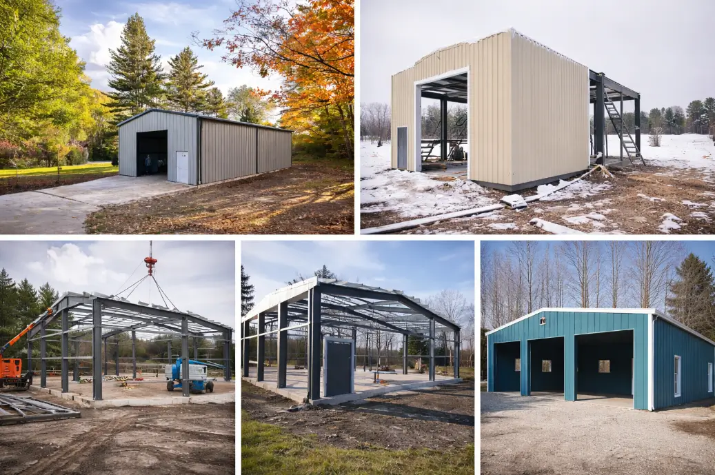 40x60 steel building construction stages from foundation to completed structure in different site conditions