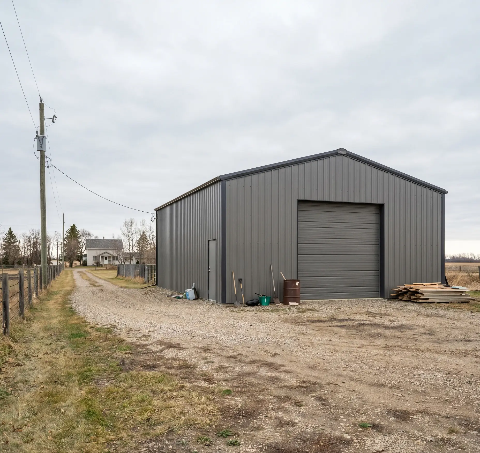 Steel building on Alberta acreage showing access, site layout, and permit considerations