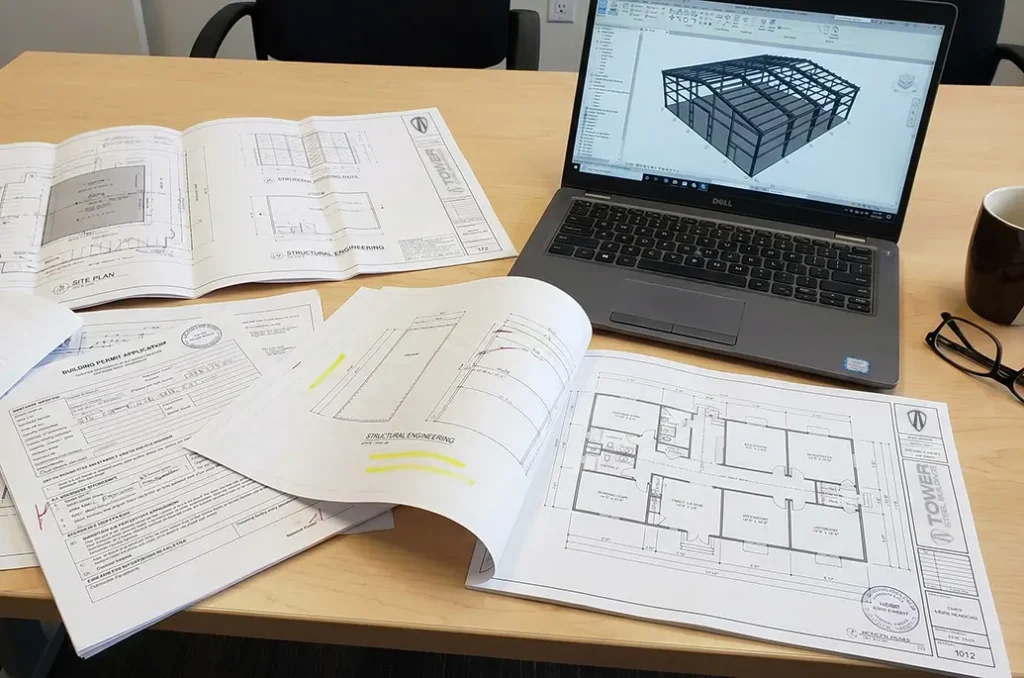 Alberta steel building permit documents with site plans, structural drawings, and application forms