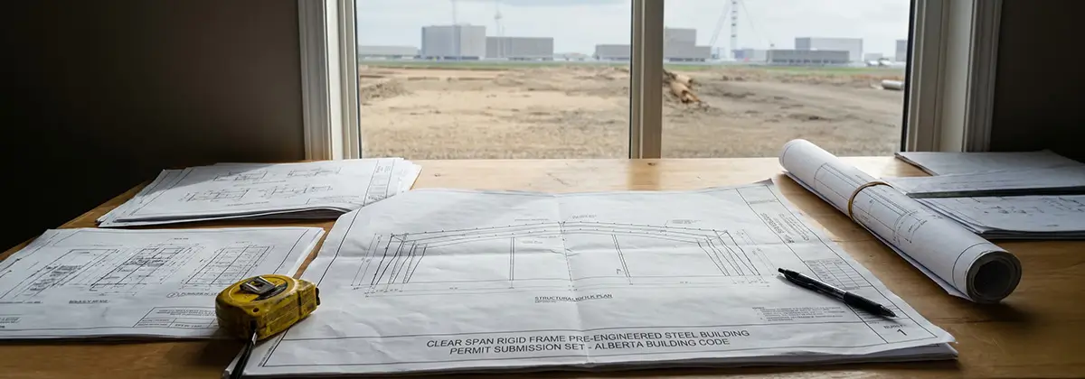 Steel building permit drawings and site layout planning for an Alberta permit submission
