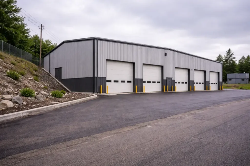 Custom steel building on a constrained site with sloped terrain, retaining wall, and multiple bay doors