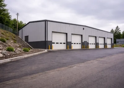 Custom steel building on a constrained site with sloped terrain, retaining wall, and multiple bay doors