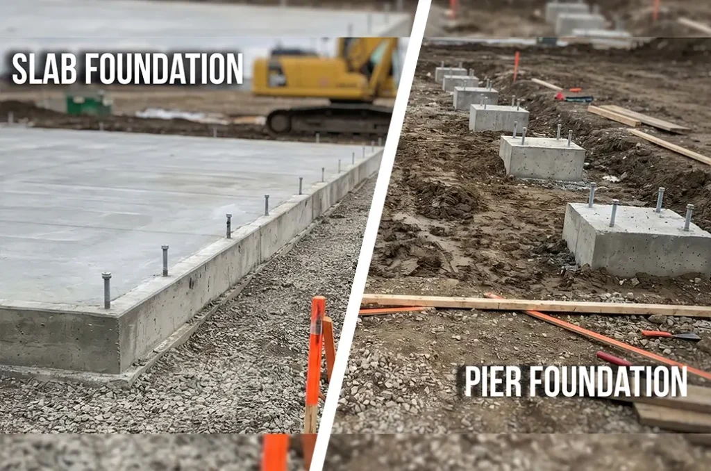 slab vs pier foundation comparison for steel building showing concrete slab and isolated piers