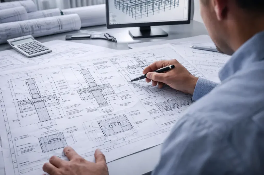Structural engineer reviewing steel building drawings and CAD model for advanced engineering design