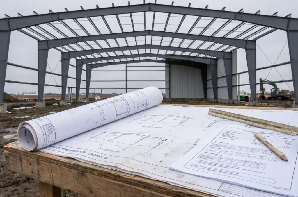 steel building frame construction with engineering drawings showing code-based structural design planning