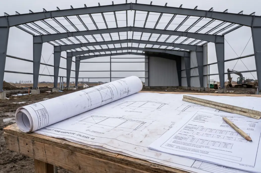 steel building frame construction with engineering drawings showing code-based structural design planning