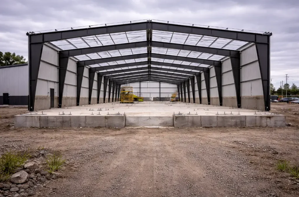 Steel building under construction showing exposed foundation anchors and structural frame highlighting early-stage project risk