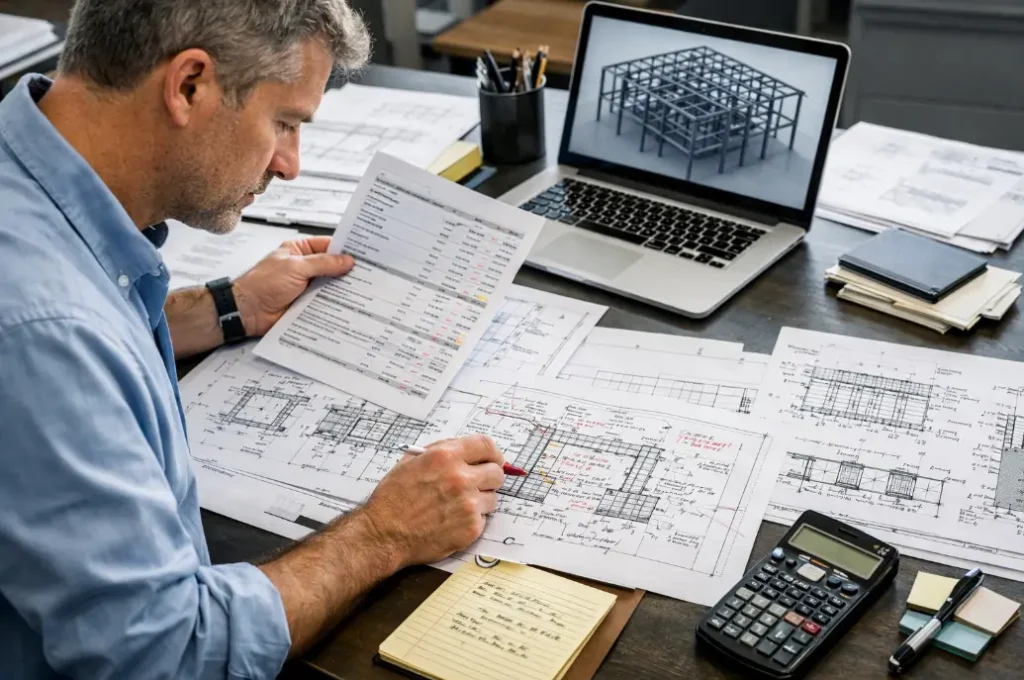 engineer reviewing steel building foundation drawings and cost estimation documents