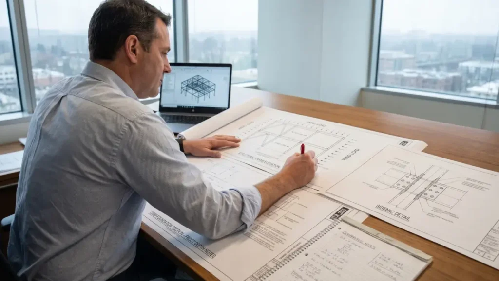 engineer reviewing steel building structural drawings with wind load and seismic design details